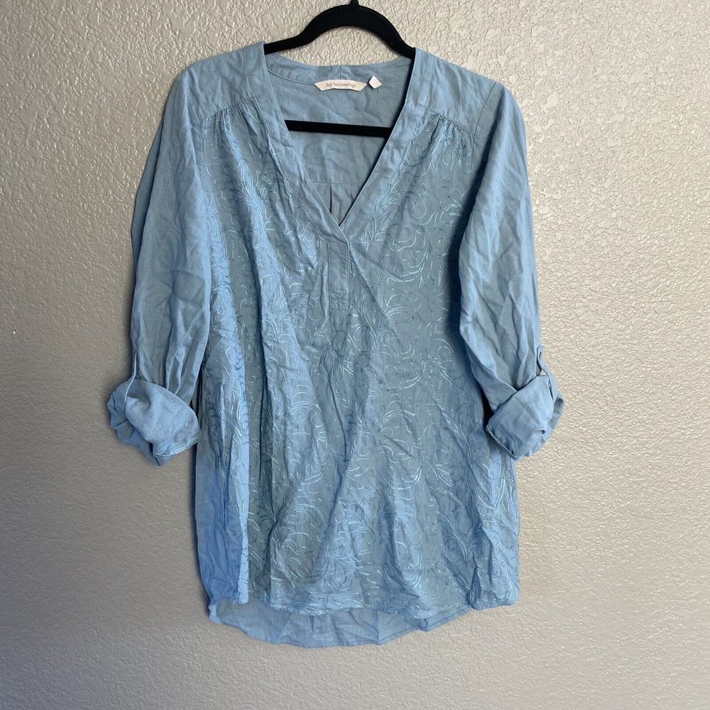 Soft Surroundings Tunic Blouse Womens Small Blue embroidered Oversized chambray